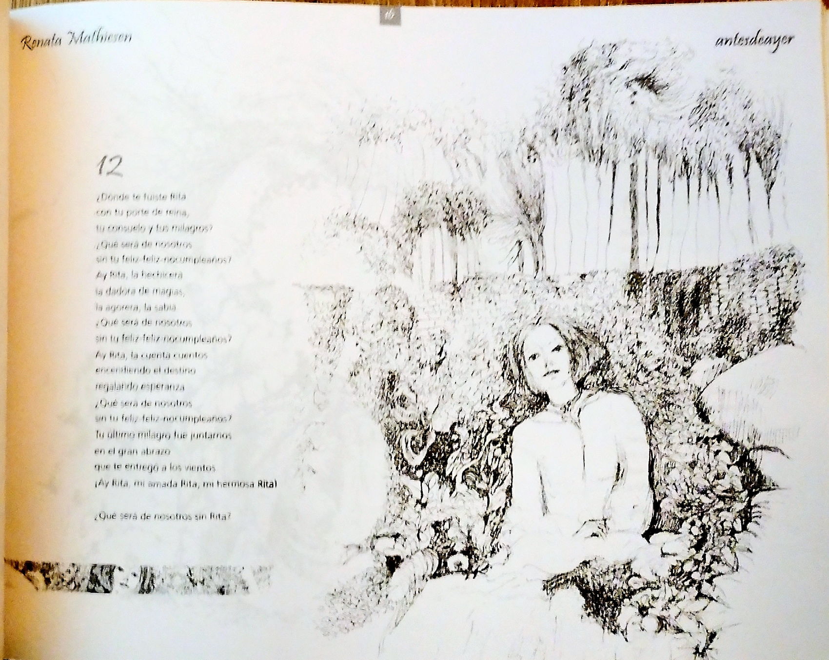 Página con un poema en columna a la izquierda y un dibujo a tinta a la derecha.