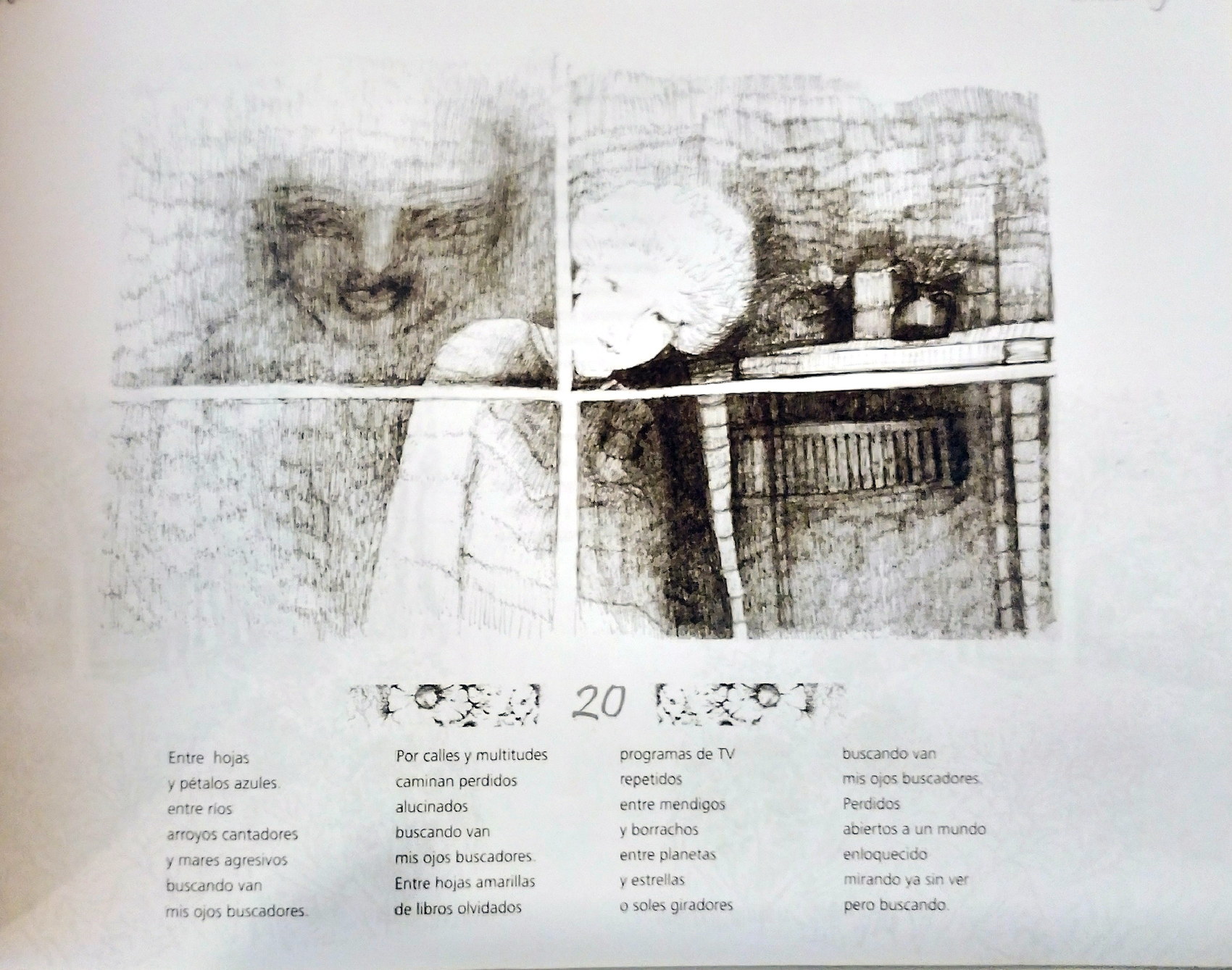 Página con la ilustración arriba y el poema en cuatro columnas breves abajo.