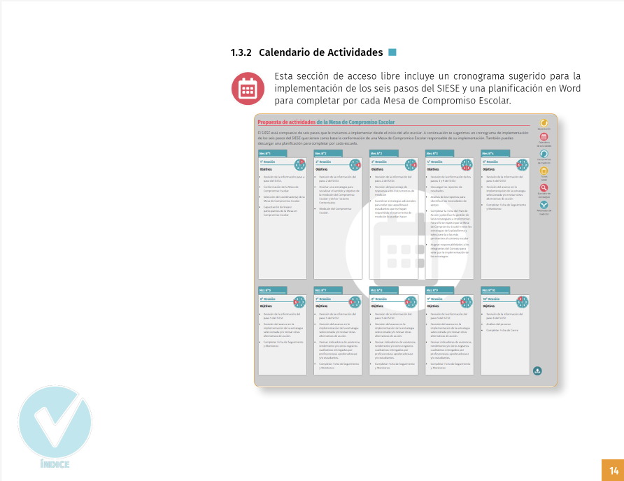 Calendario de actividades con diez tarjetas mensuales, cada una con el indicador del paso correspondiente.