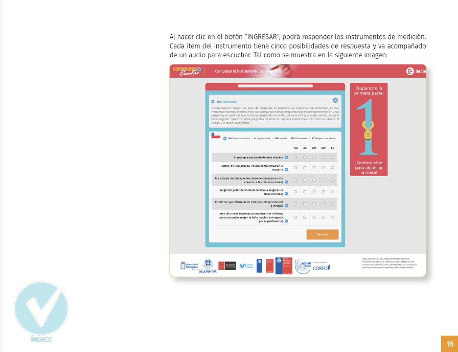 Pantalla del instrumento de medición con escala de cinco respuestas, botones de audio por ítem e indicador de avance.