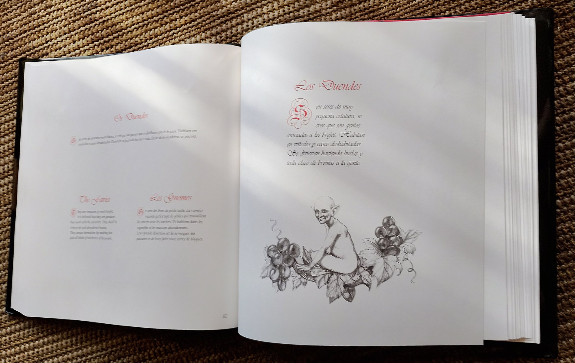Ficha del personaje Los Duendes, con dibujo a lápiz y texto en cuatro idiomas.