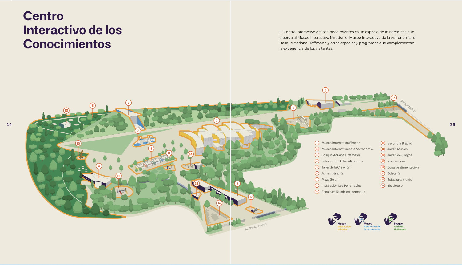 Doble página con el plano isométrico del Centro Interactivo de los Conocimientos y sus diecisiete puntos numerados.