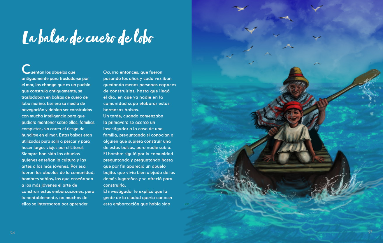 Doble página del relato La balsa de cuero de lobo, con dos columnas de texto y la ilustración a sangre.