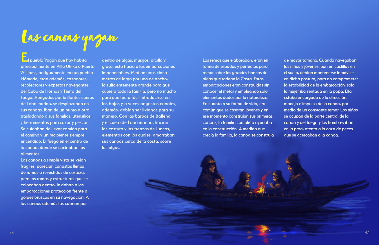 Doble página del relato Las canoas yagán, con cuatro columnas de texto y la ilustración cruzando el lomo.